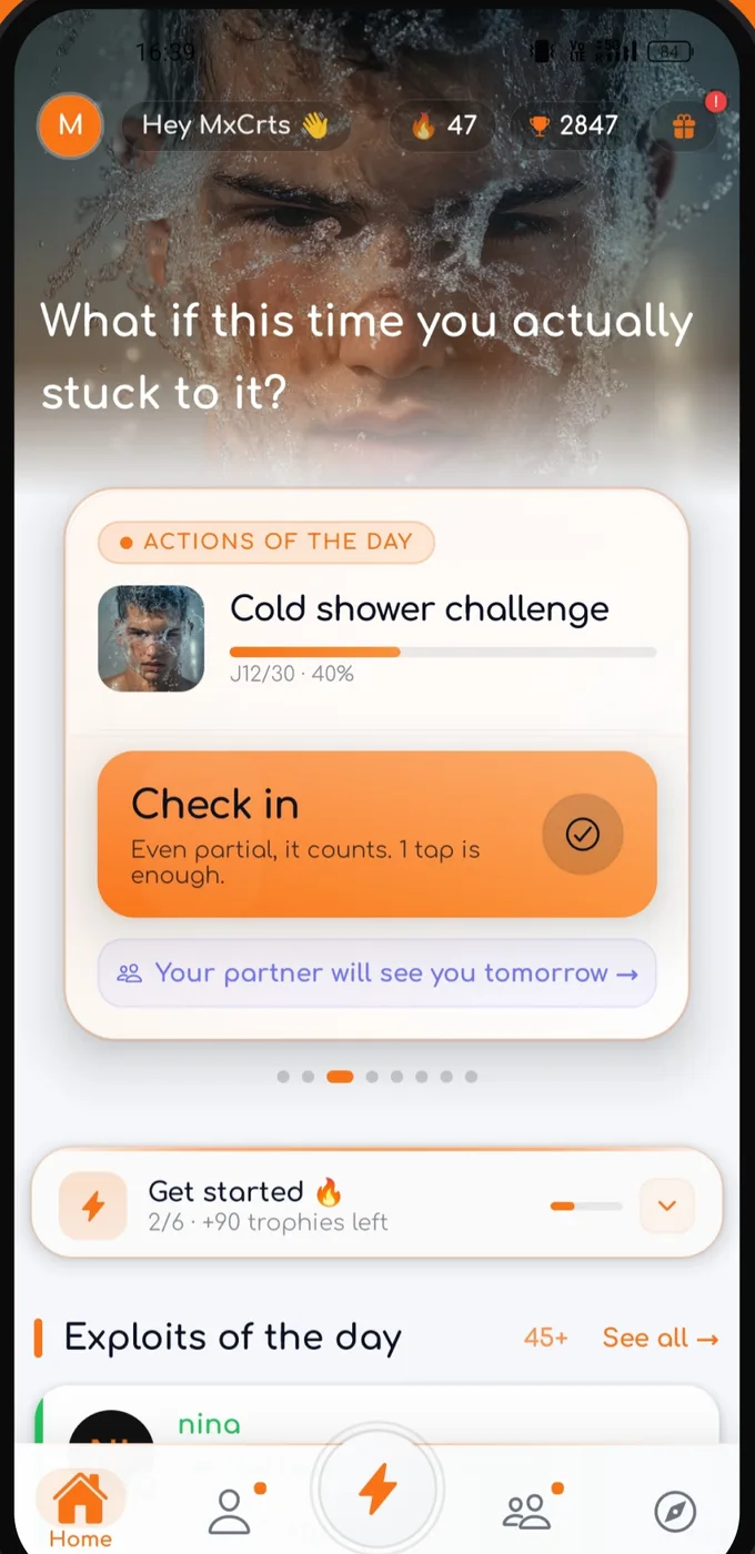 ChallengeTies app home screen with daily check-in