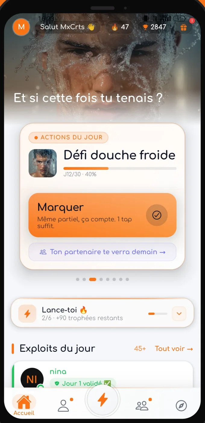 Écran d'accueil ChallengeTies avec le check-in quotidien